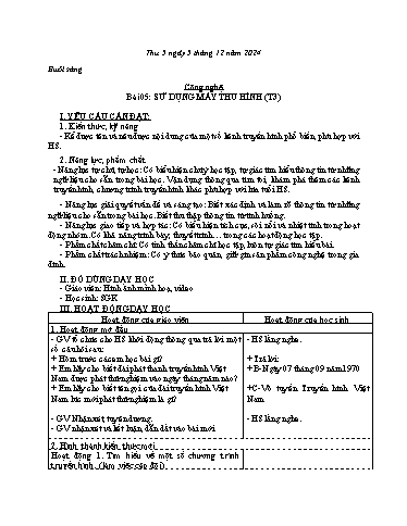 Kế hoạch bài dạy Công nghệ 3 - Bài 5: Sử dụng máy thu hình (Tiết 3) - Năm học 2024-2025 - Bạch Thị Hải Yến