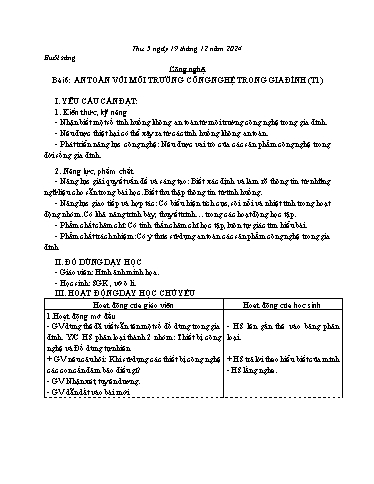 Kế hoạch bài dạy Công nghệ 3 - Bài 6: An toàn với môi trường công nghệ trong gia đình (Tiết 1) - Năm học 2024-2025 - Bạch Thị Hải Yến
