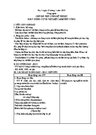 Kế hoạch bài dạy Công nghệ 3 - Bài 7: Dụng cụ và vật liệu làm thủ công - Năm học 2024-2025 - Bạch Thị Hải Yến