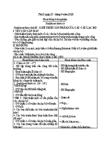 Kế hoạch bài dạy Hoạt động trải nghiệm 3 - Chủ đề: Giới thiệu sản phẩm của các câu lạc bộ - Năm học 2023-2024 - Hoàng Thị Dung