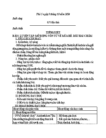 Kế hoạch bài dạy Tiếng Việt 3 - Bài 8: Luyện tập mở rộng vốn từ về mùa hè, dấu hai chấm - Năm học 2024-2025 - Bạch Thị Hải Yến