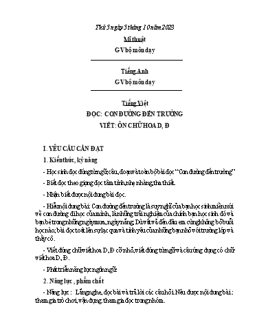 Kế hoạch bài dạy Tiếng Việt 3 - Bài (Đọc): Con đường đến trường. (Viết): Ôn chữ hoa D, Đ - Năm học 2023-2024 - Nguyễn Thị Trinh