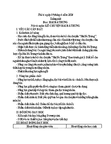 Kế hoạch bài dạy Tiếng Việt 3 - Bài (Đọc): Hai Bà Trưng, (Nói và nghe): Kể chuyện Hai Bà Trưng - Năm học 2023-2024 - Bạch Thị Hải Yến