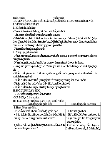 Kế hoạch bài dạy Tiếng Việt 3 - Bài: Luyện tập nhận biết câu kể, câu hỏi theo mục đích nói - Năm học 2023-2024 - Hoàng Thị Dung