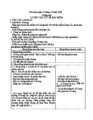 Kế hoạch bài dạy Tiếng Việt 3 - Bài: Luyện tập từ chỉ đặc điểm - Năm học 2024-2025 - Bạch Thị Hải Yến