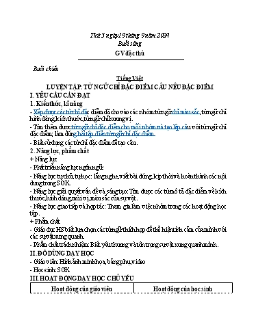Kế hoạch bài dạy Tiếng Việt 3 - Bài: Luyện tập từ ngữ chỉ đặc điểm, câu nêu đặc điểm - Năm học 2024-2025 - Bạch Thị Hải Yến