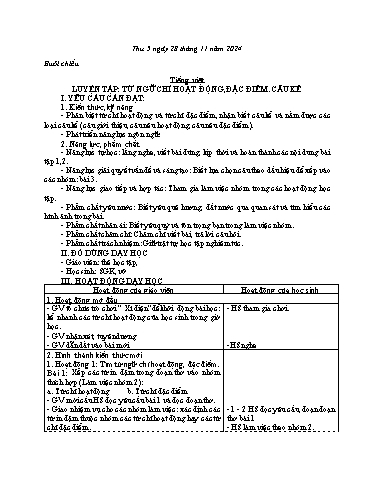 Kế hoạch bài dạy Tiếng Việt 3 - Bài: Luyện tập từ ngữ chỉ hoạt động, đặc điểm, câu kể - Năm học 2024-2025 - Bạch Thị Hải Yến