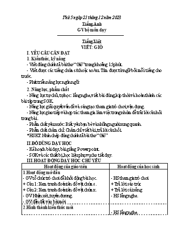 Kế hoạch bài dạy Tiếng Việt 3 - Bài (Viết): Gió - Năm học 2023-2024 - Nguyễn Thị Trinh