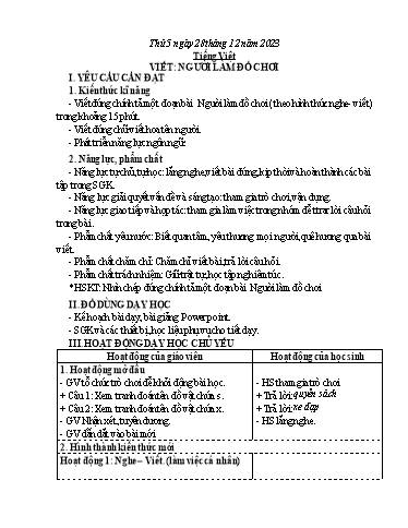 Kế hoạch bài dạy Tiếng Việt 3 - Bài (Viết): Người làm đồ chơi - Năm học 2023-2024 - Nguyễn Thị Trinh
