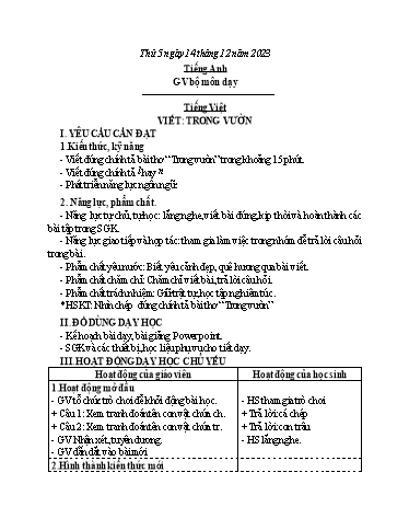 Kế hoạch bài dạy Tiếng Việt 3 - Bài (Viết): Trong vườn - Năm học 2023-2024 - Nguyễn Thị Trinh