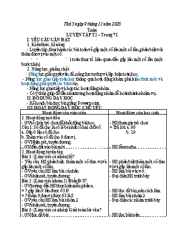 Kế hoạch bài dạy Tiếng Việt + Toán 3 - Tuần 10 (Thứ 5+6) - Năm học 2023-2024 - Hoàng Thị Dung