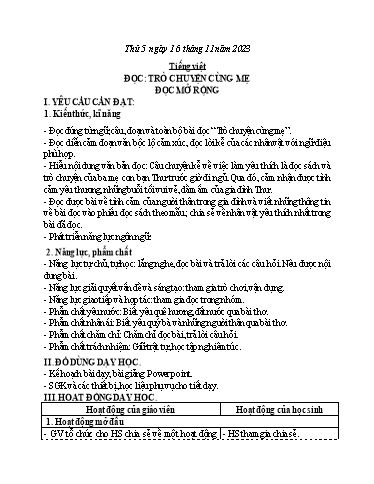 Kế hoạch bài dạy Tiếng Việt + Toán 3 - Tuần 11 (Thứ 5+6) - Năm học 2023-2024 - Hoàng Thị Dung