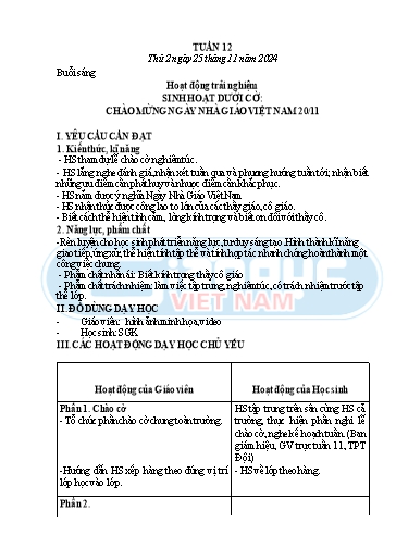 Kế hoạch bài dạy Tiếng Việt + Toán 3 - Tuần 12 (Buổi sáng) - Năm học 2024-2025 - Nguyễn Thị Nguyệt