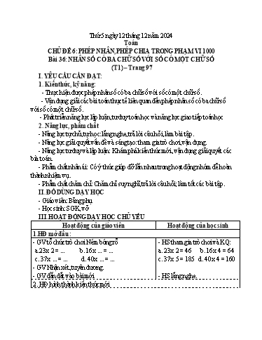 Kế hoạch bài dạy Tiếng Việt + Toán 3 - Tuần 14 (Thứ 5+6) - Năm học 2024-2025 - Hoàng Thị Huệ