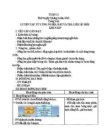 Kế hoạch bài dạy Tiếng Việt + Toán 3 - Tuần 21 (Thứ 4-6) - Năm học 2024-2025 - Nguyễn Thị Mỹ Linh