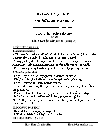 Kế hoạch bài dạy Tiếng Việt + Toán 3 - Tuần 31 (Thứ 5+6) - Năm học 2023-2024 - Bạch Thị Hải Yến