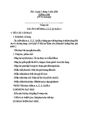 Kế hoạch bài dạy Tiếng Việt + Toán 3 - Tuần 33 - (Thứ 5-7) - Năm học 2023-2024 - Đoàn Thị Hương