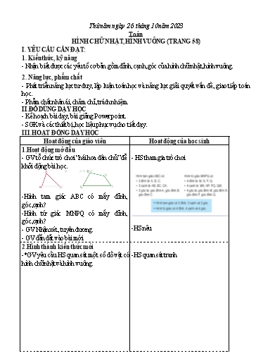 Kế hoạch bài dạy Tiếng Việt + Toán 3 - Tuần 8 (Thứ 5+6) - Năm học 2023-2024 - Hoàng Thị Dung