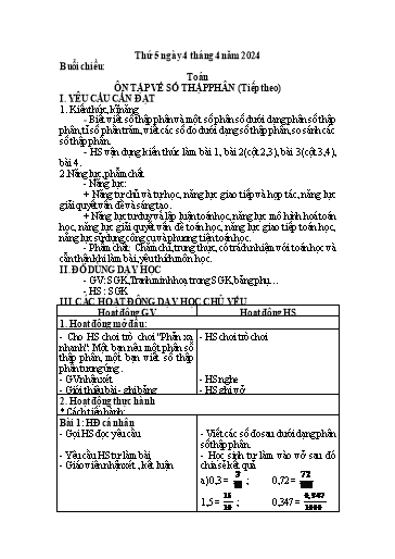 Kế hoạch bài dạy Tiếng Việt + Toán 5 - Tuần 29 (Thứ 5+6) - Năm học 2023-2024 - Trần Thị Hồng Hạnh