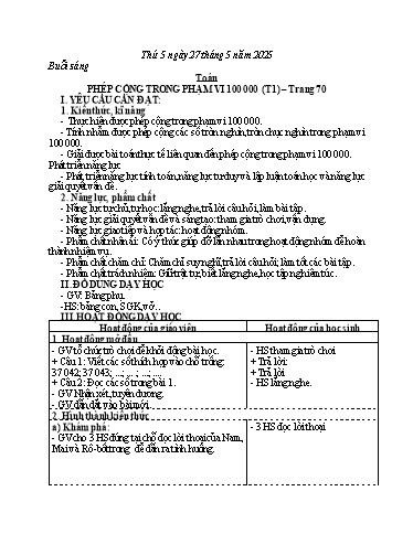 Kế hoạch bài dạy Toán 3 - Bài: Phép cộng trong phạm vi 100 000 (Tiết 1) - Năm học 2024-2025 - Bạch Thị Hải Yến
