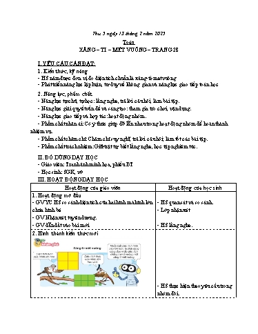Kế hoạch bài dạy Toán 3 - Bài: Xăng-ti-mét vuông - Năm học 2024-2025 - Bạch Thị Hải Yến