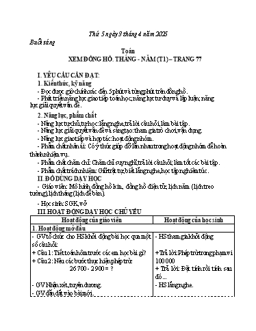 Kế hoạch bài dạy Toán 3 - Bài: Xem đồng hồ, tháng, năm (Tiết 1) - Năm học 2024-2025 - Bạch Thị Hải Yến