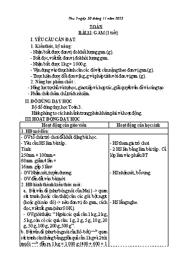 Kế hoạch bài dạy Toán 3 (Kết nối tri thức) - Bài 31: Gam (Tiết 1) - Năm học 2023-2024 - Bạch Thị Hải Yến