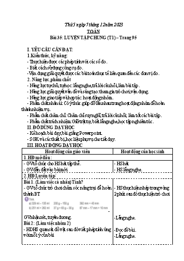 Kế hoạch bài dạy Toán 3 (Kết nối tri thức) - Bài: 35: Luyện tập chung trang 95 (Tiết 1) - Năm học 2023-2024 - Bạch Thị Hải Yến
