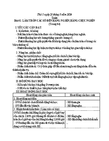 Kế hoạch bài dạy Toán 3 (Kết nối tri thức) - Bài 61: Làm tròn các số đến hàng nghìn, hàng chục nghìn (Trang 64) - Năm học 2023-2024 - Bạch Thị Hải Yến