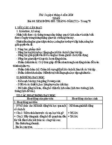 Kế hoạch bài dạy Toán 3 (Kết nối tri thức) - Bài 66: Xem đồng hồ, tháng, năm (Tiết 2) - Năm học 2023-2024 - Bạch Thị Hải Yến