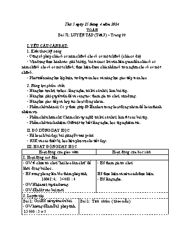 Kế hoạch bài dạy Toán 3 (Kết nối tri thức) - Bài 71: Luyện tập (Trang 99) - Năm học 2023-2024 - Bạch Thị Hải Yến