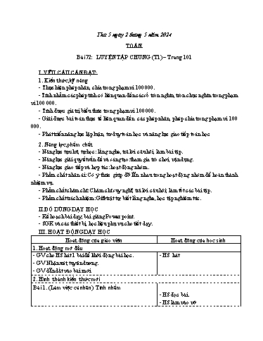 Kế hoạch bài dạy Toán 3 (Kết nối tri thức) - Bài 72: Luyện tập chung (Tiết 1) - Năm học 2023-2024 - Bạch Thị Hải Yến