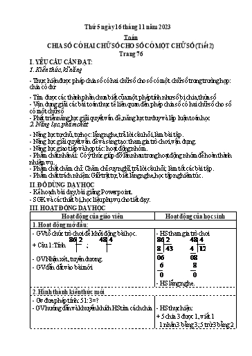 Kế hoạch bài dạy Toán 3 (Kết nối tri thức) - Bài: Chia số có hai chữ số (Tiết 2) - Năm học 2023-2024 - Bạch Thị Hải Yến