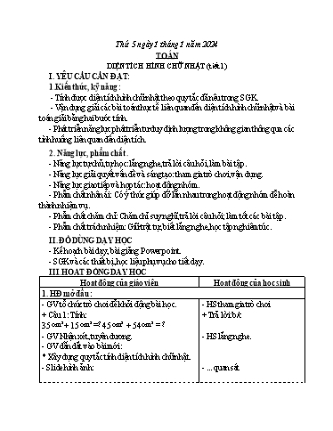 Kế hoạch bài dạy Toán 3 (Kết nối tri thức) - Bài: Diện tích hình chữ nhật (Tiết 1) - Năm học 2023-2024 - Bạch Thị Hải Yến