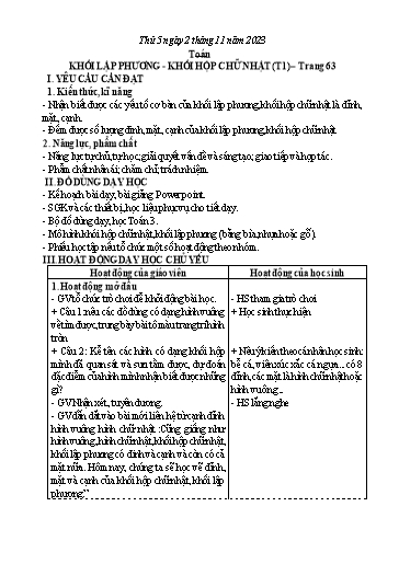 Kế hoạch bài dạy Toán 3 (Kết nối tri thức) - Bài: Khối lập phương, khối hợp chữ nhật (Tiết 1) - Năm học 2023-2024 - Bạch Thị Hải Yến