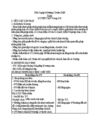 Kế hoạch bài dạy Toán 3 (Kết nối tri thức) - Bài: Luyên tập trang 113 - Năm học 2023-2024 - Bạch Thị Hải Yến