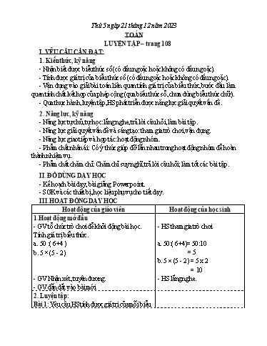Kế hoạch bài dạy Toán 3 (Kết nối tri thức) - Bài: Luyên tập trang 108 - Năm học 2023-2024 - Bạch Thị Hải Yến