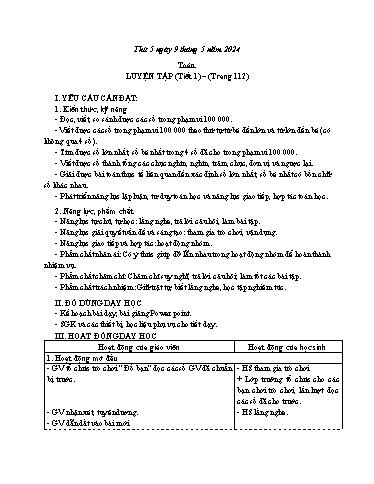 Kế hoạch bài dạy Toán 3 (Kết nối tri thức) - Bài: Luyện tập (Trang 112) - Năm học 2023-2024 - Bạch Thị Hải Yến