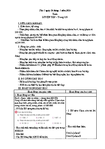 Kế hoạch bài dạy Toán 3 (Kết nối tri thức) - Bài: Luyện tập trang 120 - Năm học 2023-2024 - Bạch Thị Hải Yến