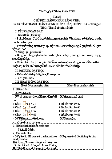 Kế hoạch bài dạy Toán 3 (Kết nối tri thức) - Chủ đề 2 - Bài 13: Tìm thành phần trong phép nhân, phép chia - Năm học 2023-2024 - Bạch Thị Hải Yến