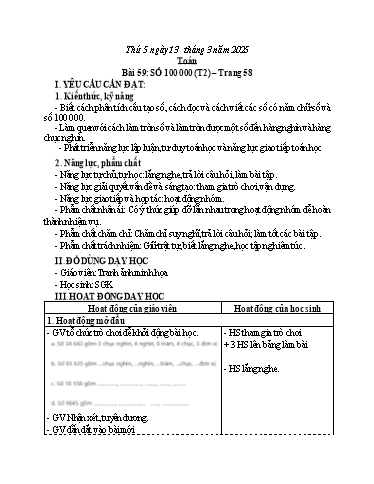 Kế hoạch bài dạy Toán 3 - Tuần 26 - Bài 59: Số 100 000 (Tiết 2) - Năm học 2024-2025 - Hoàng Thị Dung