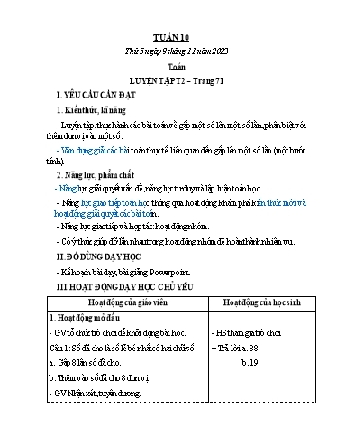 Kế hoạch bài dạy Toán + Tiếng Việt 3 - Tuần 10 (Thứ 5+6) - Năm học 2023-2024 - Trần Thị Hương