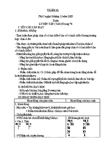 Kế hoạch bài dạy Toán + Tiếng Việt 3 - Tuần 11 (Thứ 5+6) - Năm học 2023-2024 - Trần Thị Hương