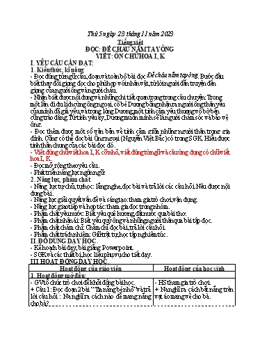 Kế hoạch bài dạy Toán + Tiếng Việt 3 - Tuần 12 (Thứ 5+6) - Năm học 2023-2024 - Hoàng Thị Dung