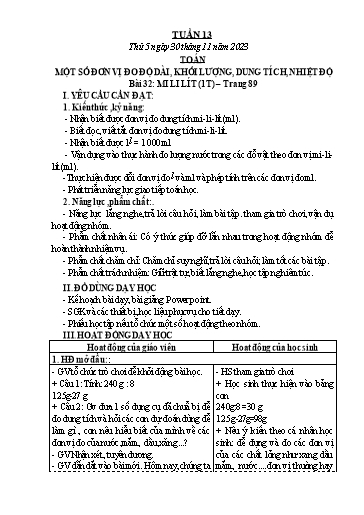 Kế hoạch bài dạy Toán + Tiếng Việt 3 - Tuần 13 (Thứ 5+6) - Năm học 2023-2024 - Trần Thị Hương