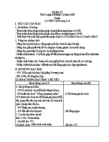 Kế hoạch bài dạy Toán + Tiếng Việt 3 - Tuần 17 (Thứ 5+6) - Năm học 2023-2024 - Trần Thị Hương