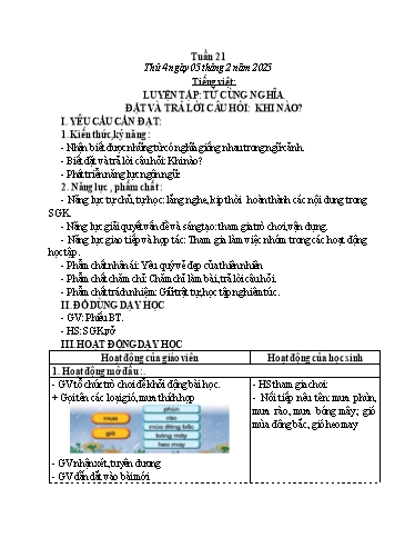 Kế hoạch bài dạy Toán + Tiếng Việt 3 - Tuần 21 (Thứ 4-6) - Năm học 2024-2025 - Hoàng Thị Dung