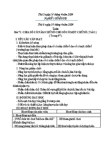 Kế hoạch bài dạy Toán + Tiếng Việt 3 - Tuần 31 (Thứ 5+6) - Năm học 2023-2024 - Hoàng Thị Dung