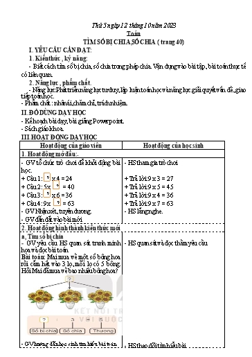 Kế hoạch bài dạy Toán + Tiếng Việt 3 - Tuần 6 (Thứ 5+6) - Năm học 2023-2024 - Hoàng Thị Dung