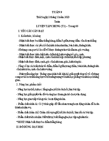 Kế hoạch bài dạy Toán + Tiếng Việt 3 - Tuần 9 (Thứ 5+6) - Năm học 2023-2024 - Trần Thị Hương